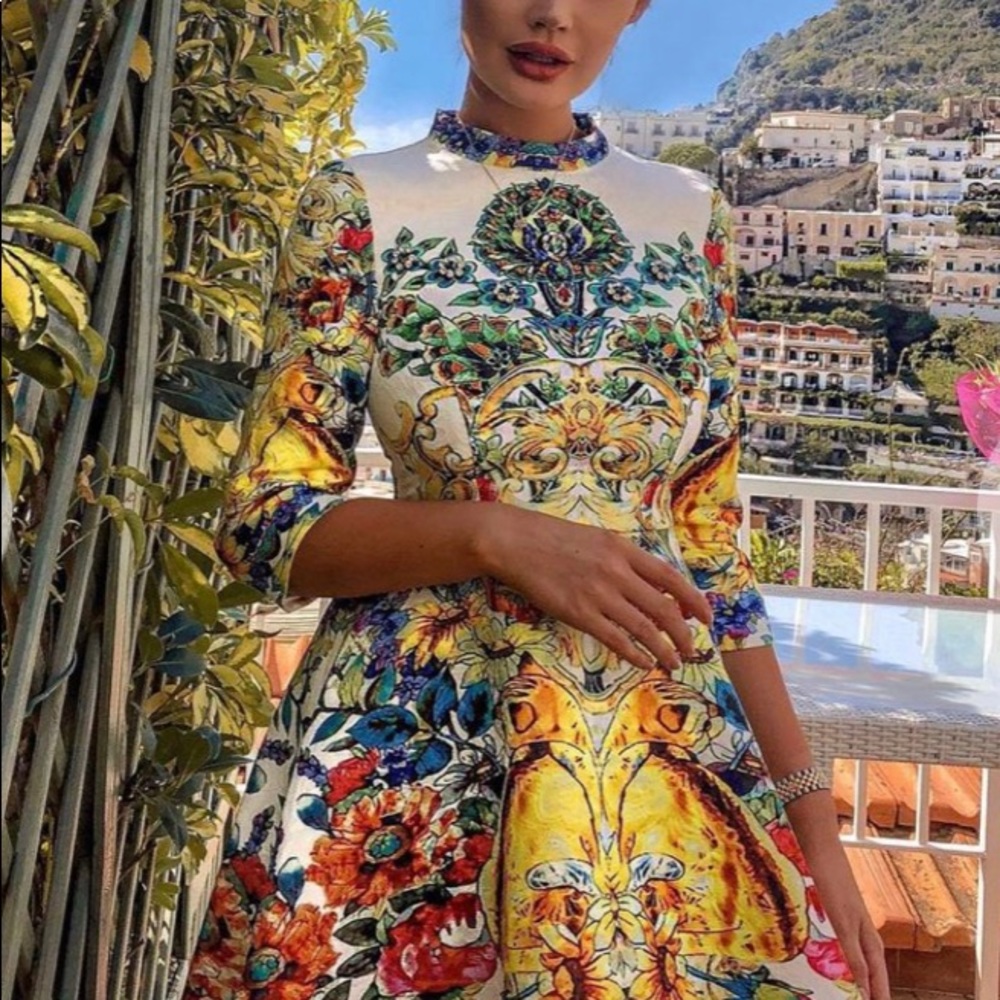 Floral Baroque Fit-and-Flare Dress in Multicolor